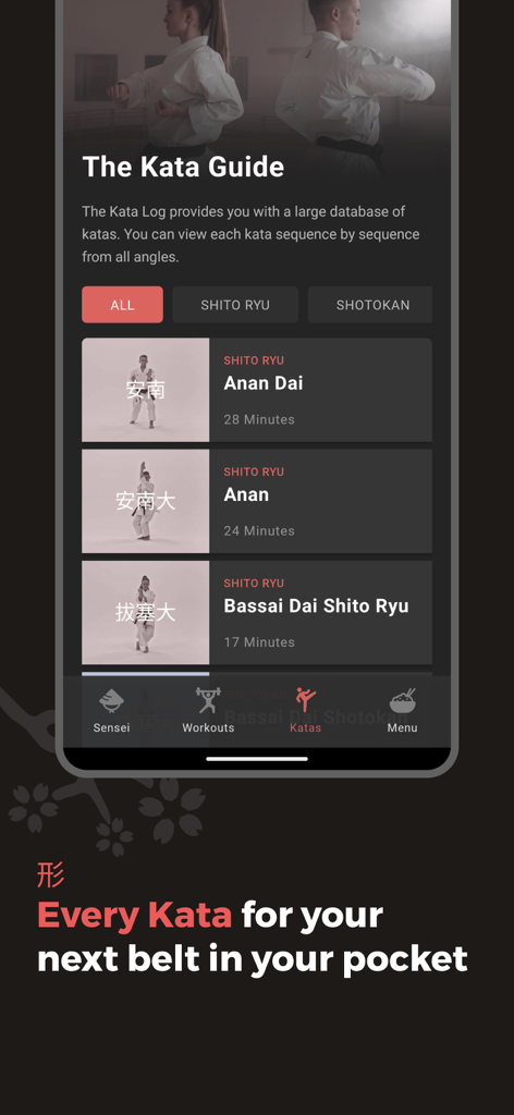 Dojo Athletics - Interfaz de la aplicación Dojo Athletics que muestra una biblioteca de katas de karate con categorías Shito Ryu y Shotokan.