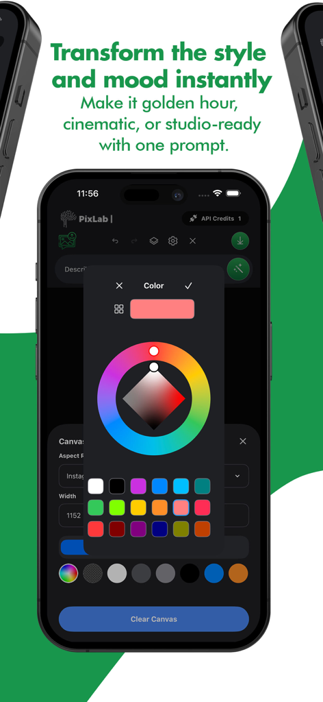PixLab: AI Prompt Photo Editor - Aplicativo PixLab mostrando seletor de cores e ferramentas de transformação de estilo