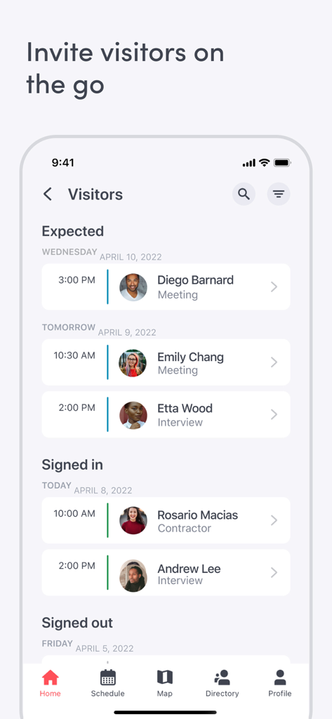 Envoy mobile app screen displaying a list of expected and signed in office visitors