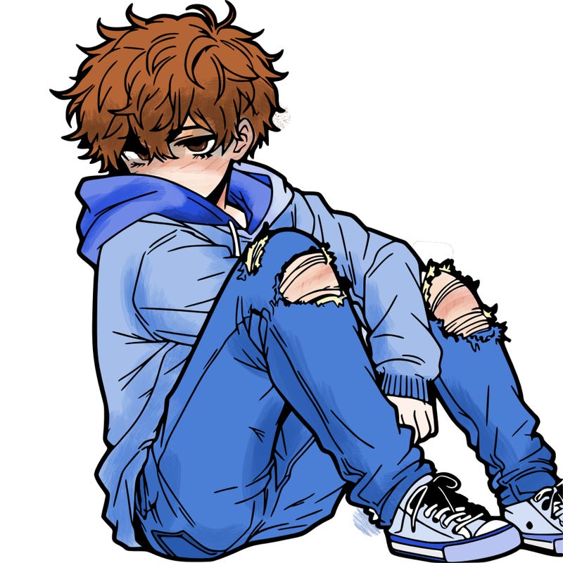 a male hoddie ripped jeans messy hair anime