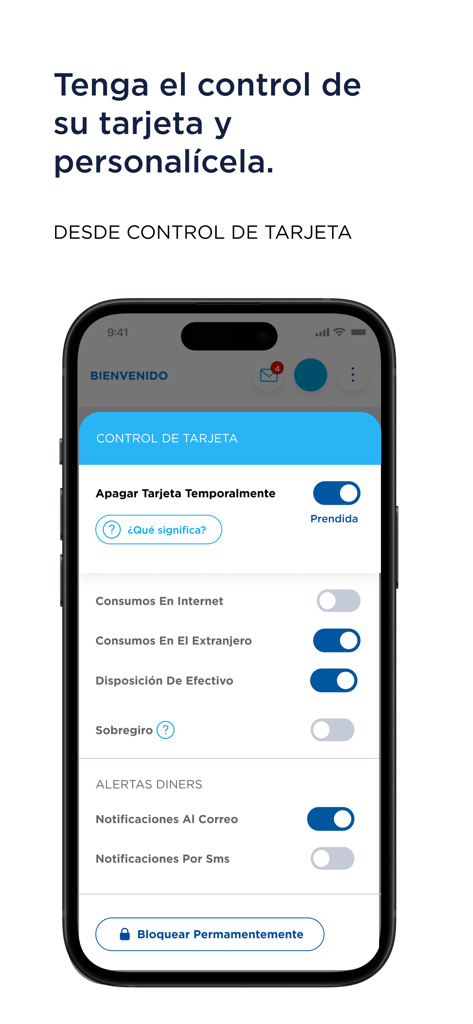 Diners Club Perú - Interface do aplicativo móvel Diners Club Peru mostrando controle de cartão e configurações de segurança