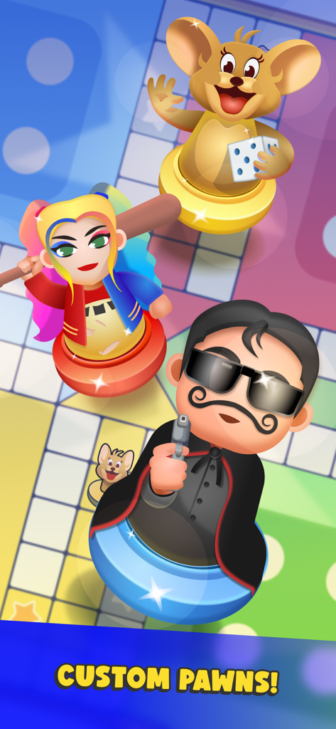 Ludo Legend by Bhoos - Peones personalizados con temática de personajes de colores en un tablero de Ludo digital