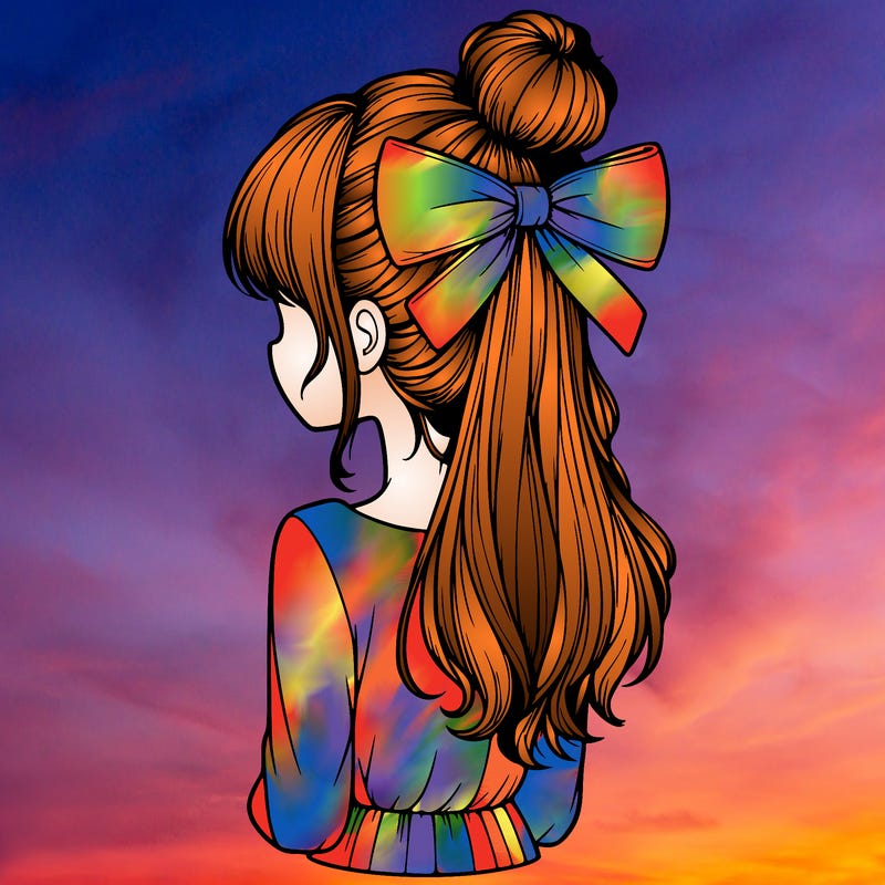 realistic girl  with hip length hair a bun and a big bow on the back of head