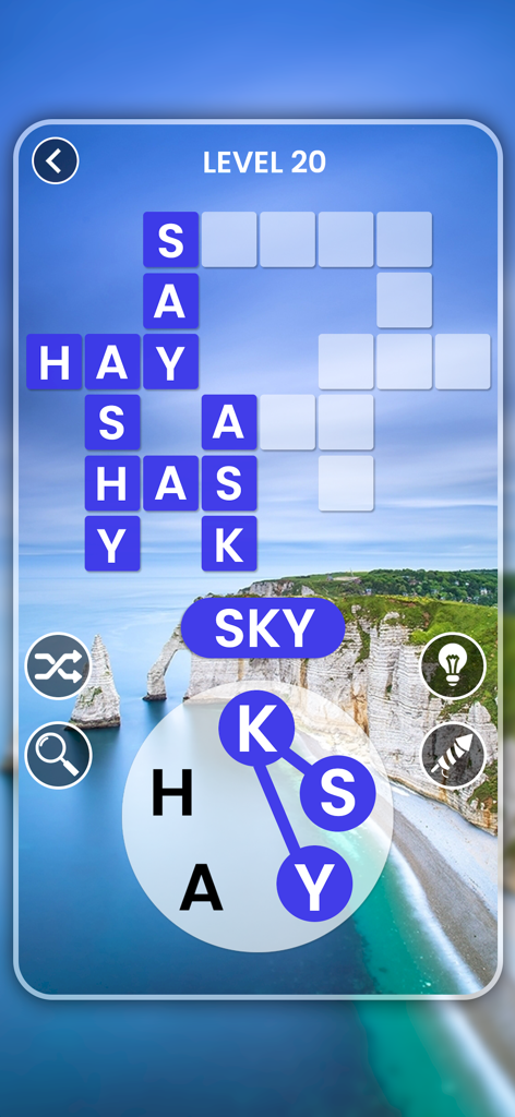 Word Crossy - Brain Word Game - Word Crossy puzzle game level showing a crossword grid over a scenic coastal landscape background