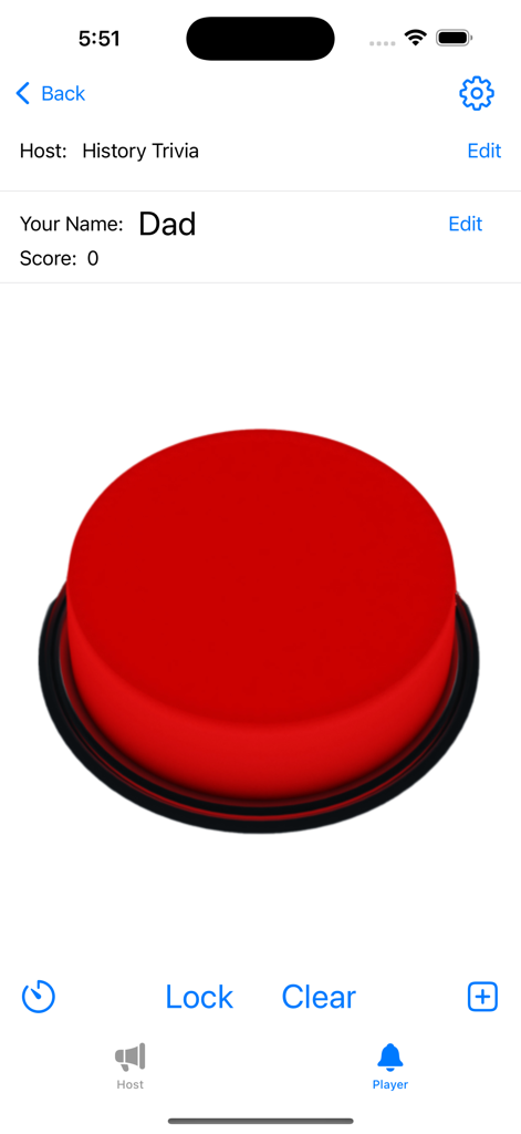 EZBuzzer player interface featuring a large red buzz-in button for trivia games
