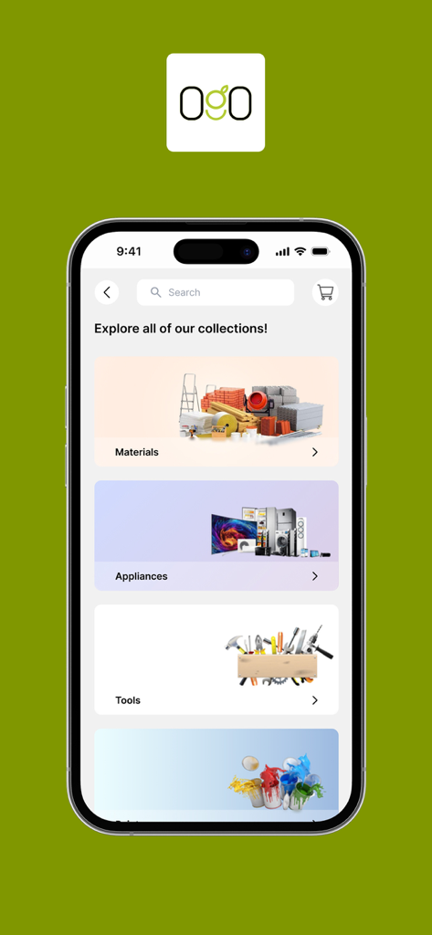 OGO Home - OGO Home 앱의 제품 컬렉션 탐색 화면, 재료, 가전제품 및 도구 표시