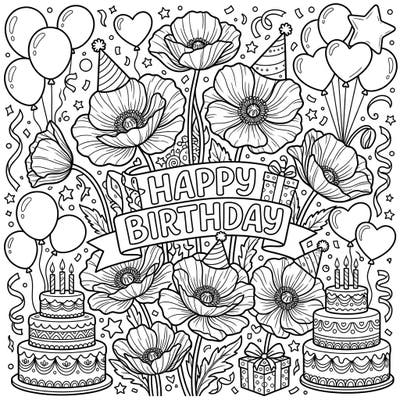 Bring a burst of color to a special day with this delightful blue poppies birthday coloring page. Adorned with festive elements like cakes, balloons, and party hats, it promises hours of creative fun.