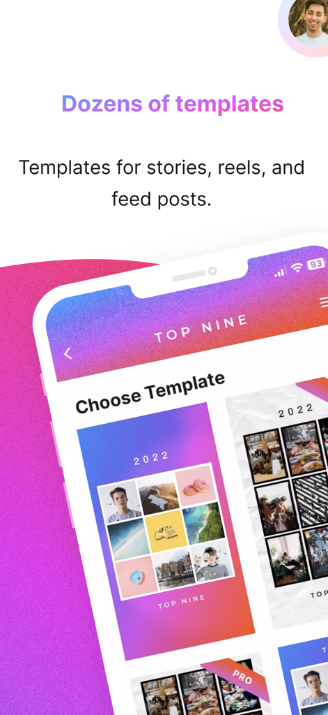 Top Nine app screen with templates for Instagram stories and feed posts
