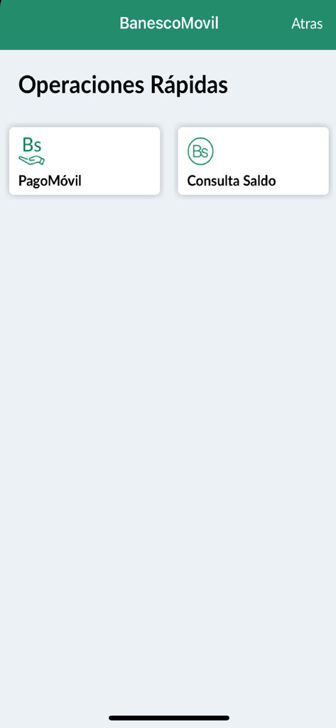 Banesco Ve - Interfaz de la aplicación Banesco Ve mostrando operaciones rápidas para pagos móviles y consultas de saldo