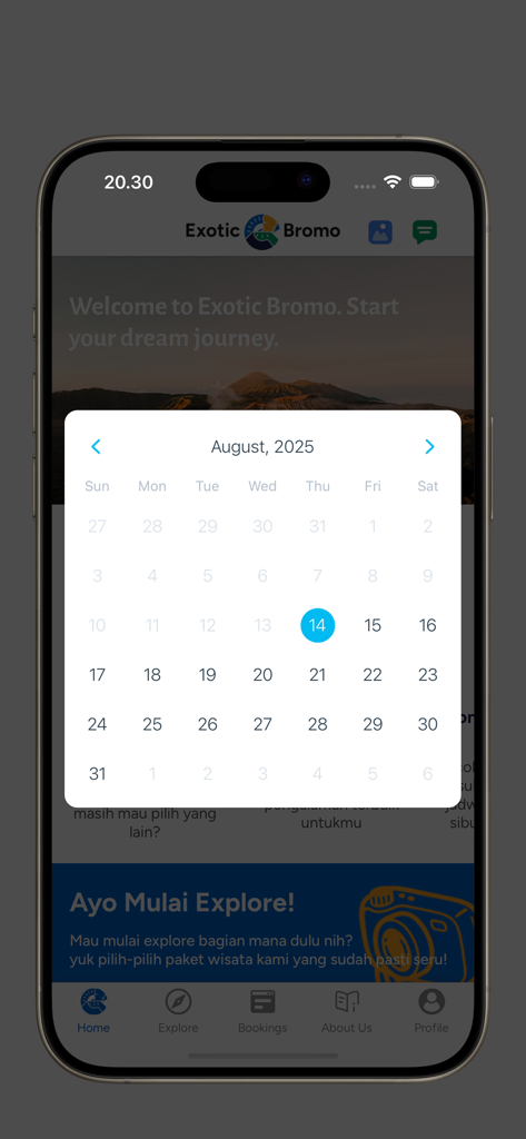 Exotic Bromo - Exotic Bromo mobile app interface displaying a trip booking calendar for August 2025.