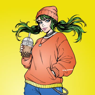 a manga billie eilish character with boba in her hand