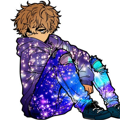 a male hoddie ripped jeans messy hair anime