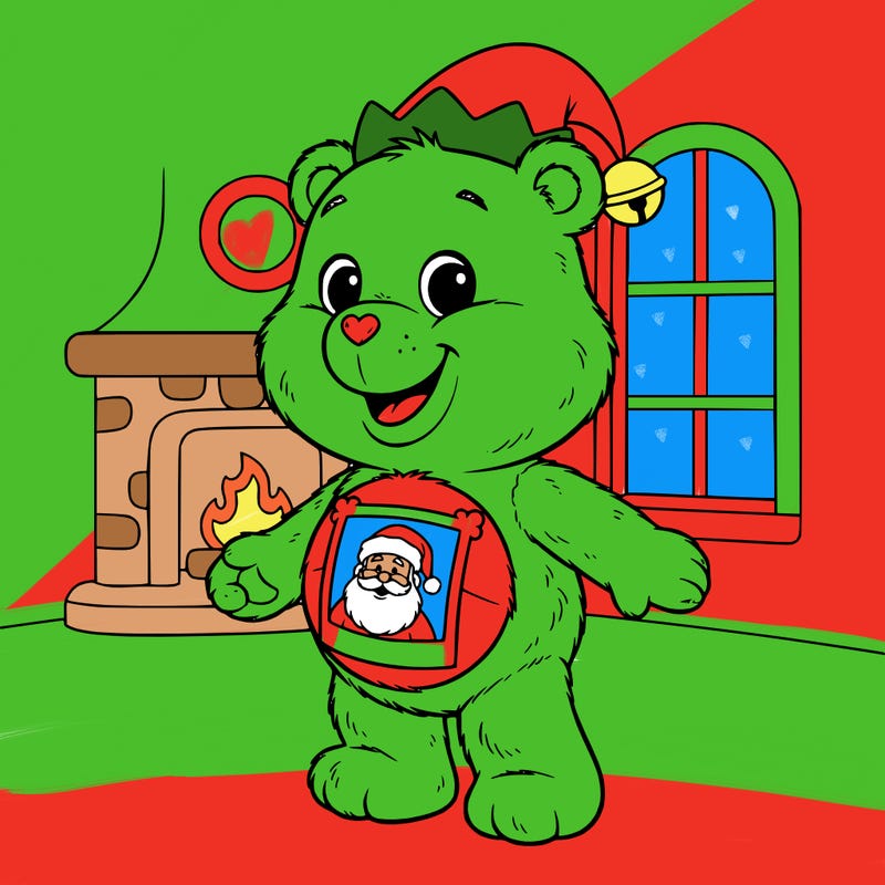 a carebear with a santa hat photo on it's belly and a elf hat on it's  head