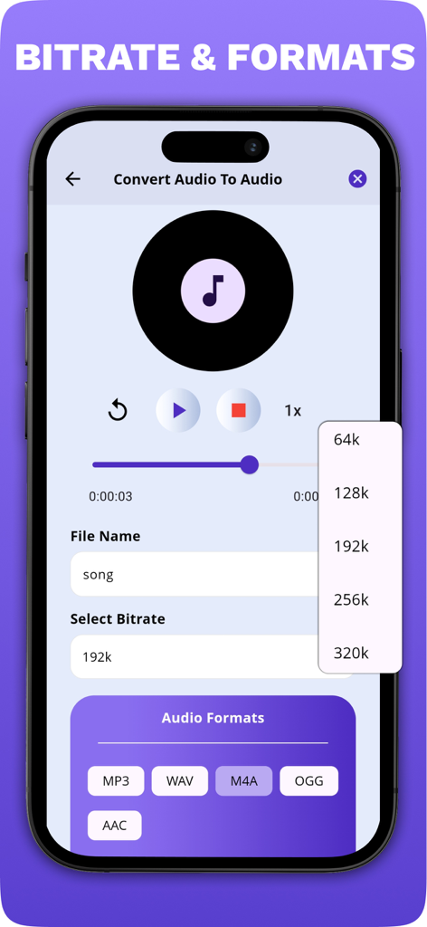 Audio Video Media Converter - Mobile screen showing audio conversion settings including bitrate selection and various audio formats like MP3 WAV and M4A