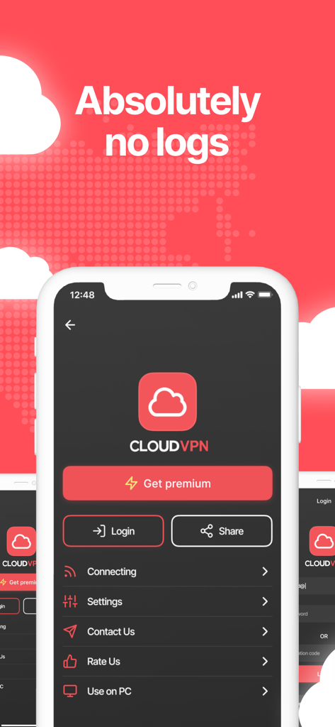 CloudVPN app interface on iPhone with a message stating absolutely no logs