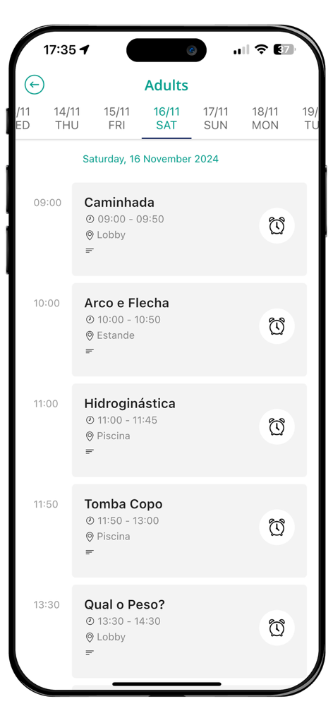 Tela do aplicativo móvel mostrando uma programação diária de atividades para adultos no resort Blue Tree Thermas de Lins, incluindo caminhada, arco e flecha e aeróbica aquática.