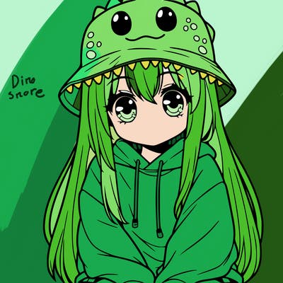 girl with anime shaped eyes with a dinosaur bucket hat oversized sweatshirt long straight hair
