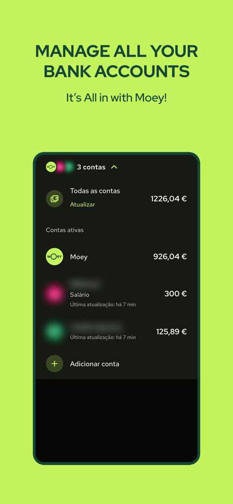 A screenshot of the Moey banking app displaying an aggregated view of several linked bank accounts and their balances