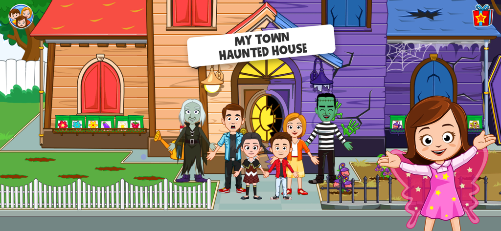 My Town : Haunted House - Characters from My Town Haunted House standing in front of a mansion that is half normal and half spooky.