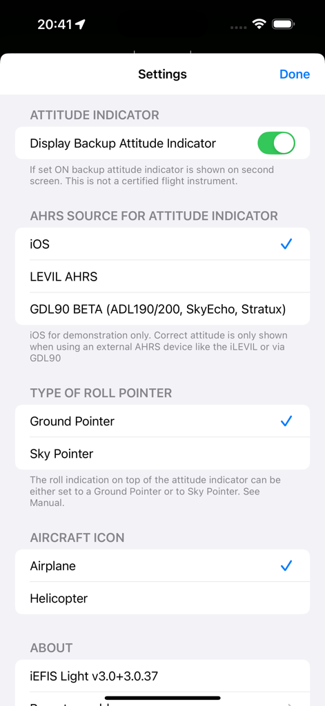 Settings menu of the iEFIS Light aviation app showing configuration options for attitude indicator and AHRS source