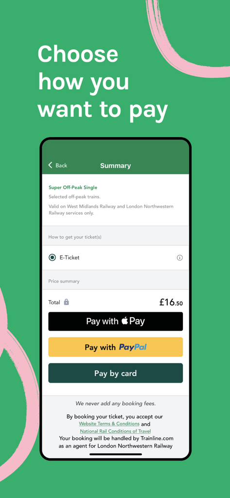 Bezahlbildschirm der LNR-Zugticket-App mit Apple Pay- und PayPal-Optionen