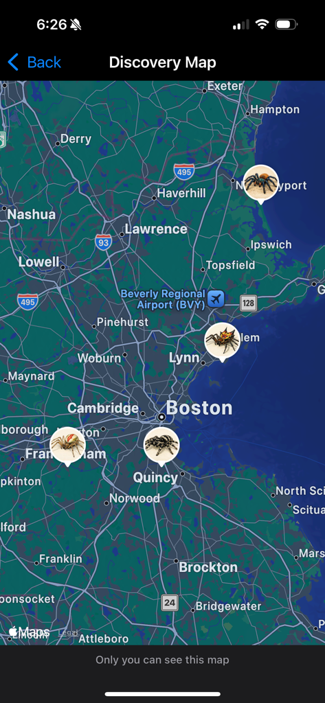 Spider League: Arena - A map of the Boston area showing locations of various spider species discovered by users in the Spider League Arena app