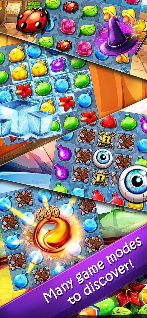 Witchy World - Colorful match 3 puzzle boards featuring potions and magical ingredients in Witchy World