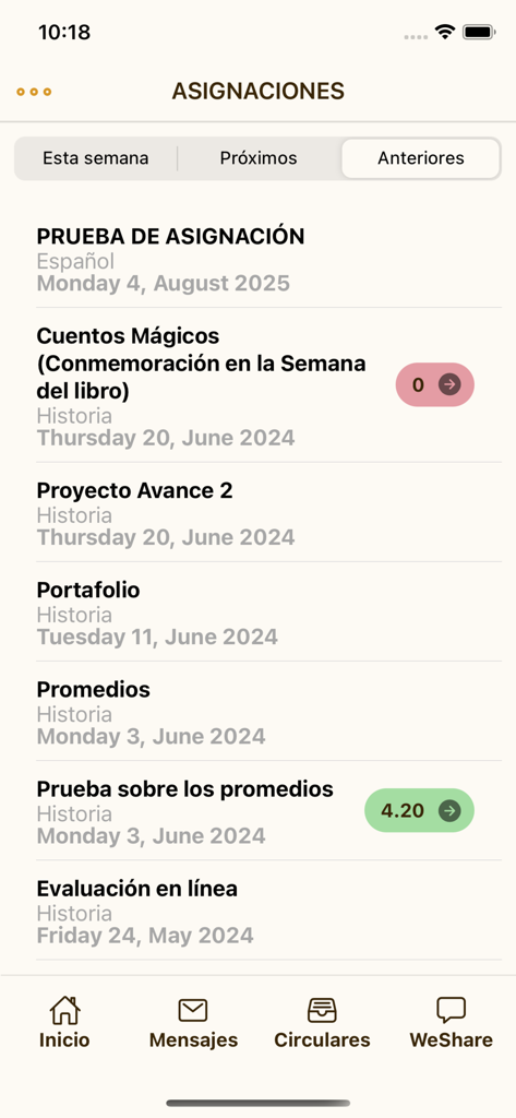 SEDUCA - Students - A list of academic assignments and grades displayed in the SEDUCA Students mobile app interface