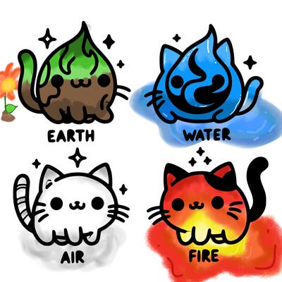 4 cats that represent the different elements, earth, water, air, and fire