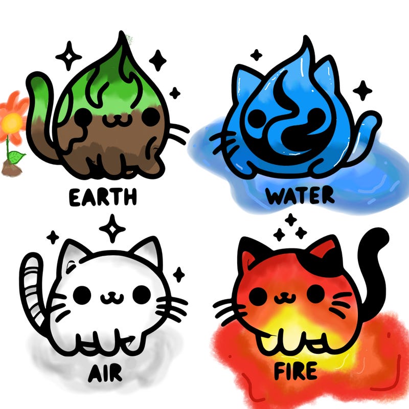 4 cats that represent the different elements, earth, water, air, and fire