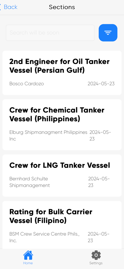 Pantalla de la aplicación móvil mostrando una lista de vacantes de empleo marítimo para ingenieros y tripulación de buques cisterna