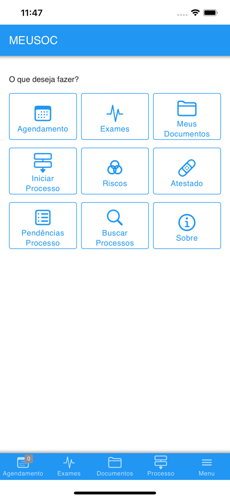 MEUSOC workforce health app main dashboard showing icons for scheduling and exams