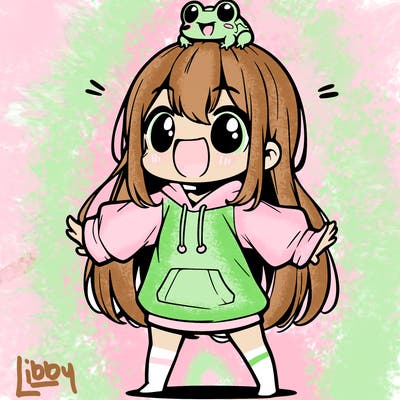 a excited chibi girl whith long hair and a baggy shirt whith a frog on there head