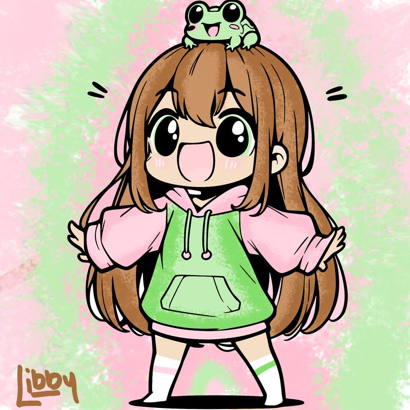 a excited chibi girl whith long hair and a baggy shirt whith a frog on there head