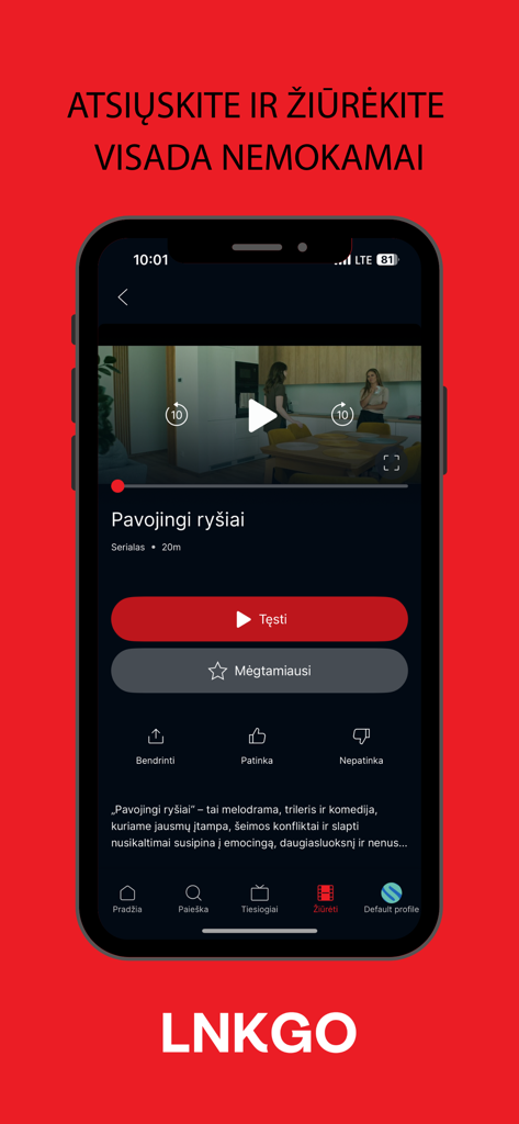 Mobile interface of LNK GO app featuring a video player for Lithuanian TV shows