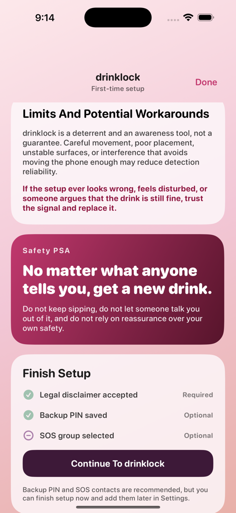 DrinkLock - DrinkLock app setup screen showing safety advice and installation steps