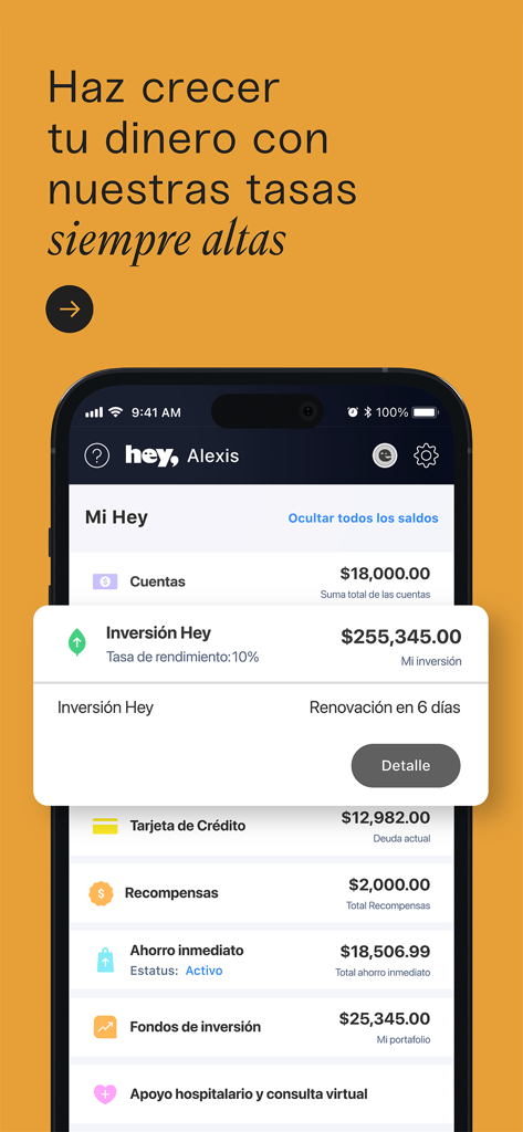 Ecrã da aplicação móvel do Hey Banco mostrando contas financeiras e retornos de investimento de alto rendimento em espanhol.