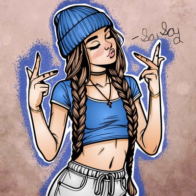 realistic teenage girl with braids and a beanie and crop top doing 🫶🏼