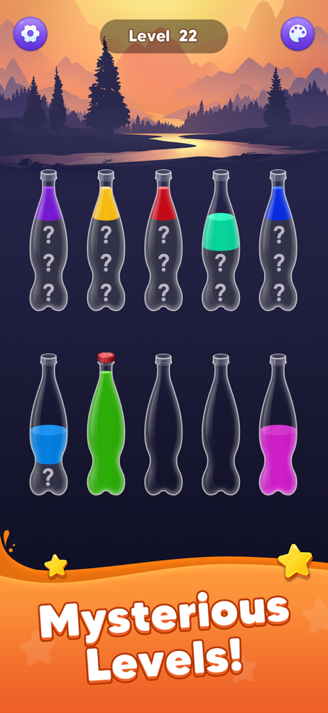 Water Sort Master! - Jugabilidad de Water Sort Master que muestra niveles misteriosos con líquidos de colores y signos de interrogación ocultos