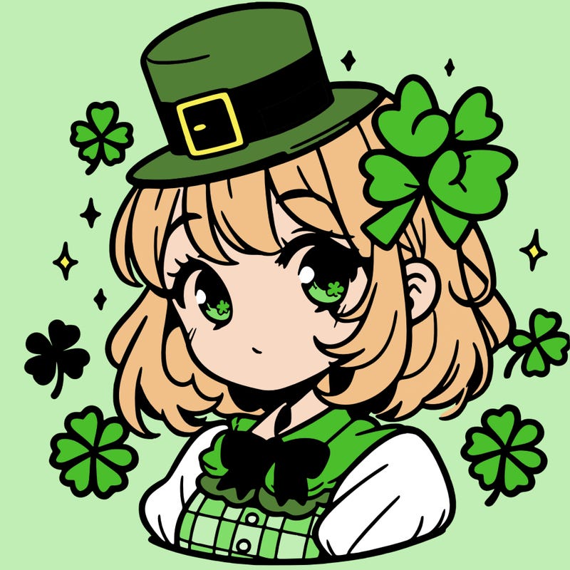 a manga-style girl with clovers around her, a little hat in her hair, like it's saint patrick's day