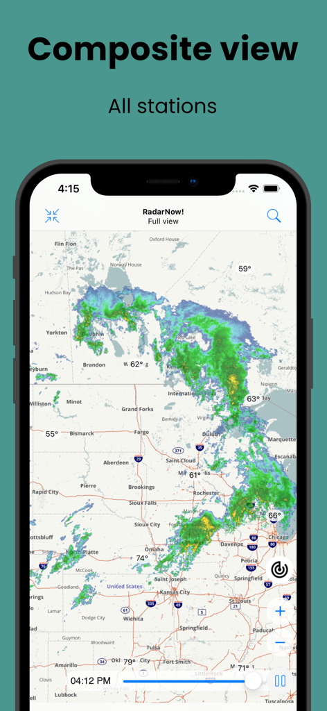 RadarNow app displaying a composite weather radar map of the United States