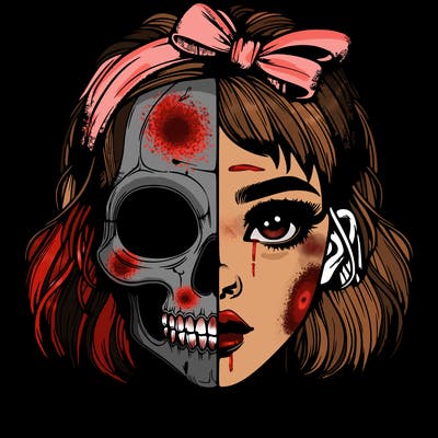 realistic girl with half skull mask