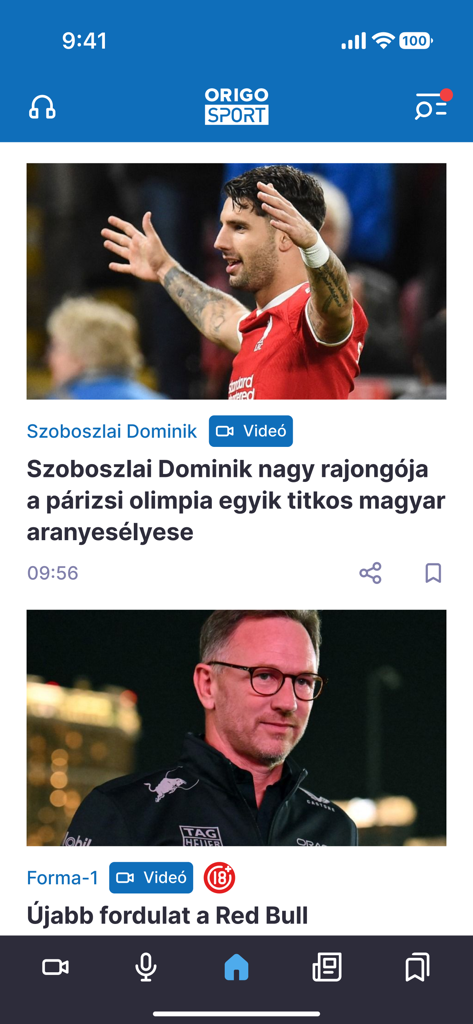 Origo Sport - Écran d'accueil de l'application Origo Sport présentant des nouvelles sur Dominik Szoboszlai et la Formule 1