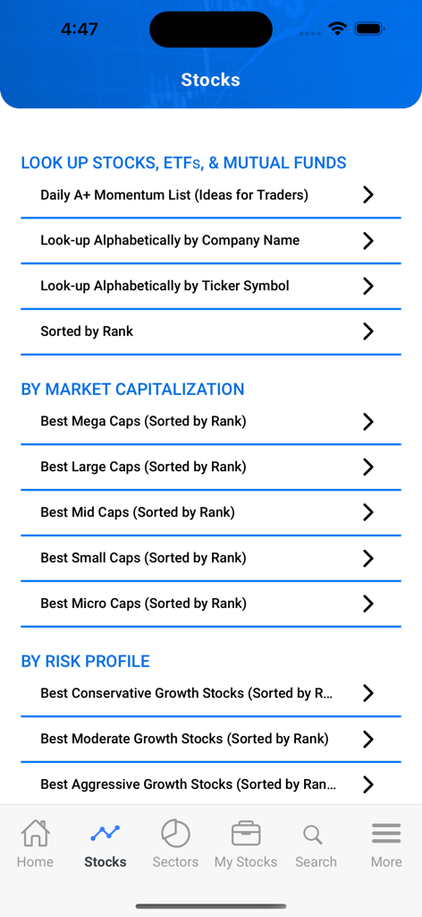 The Best Stocks Now app menu for browsing stocks by market capitalization and risk profile