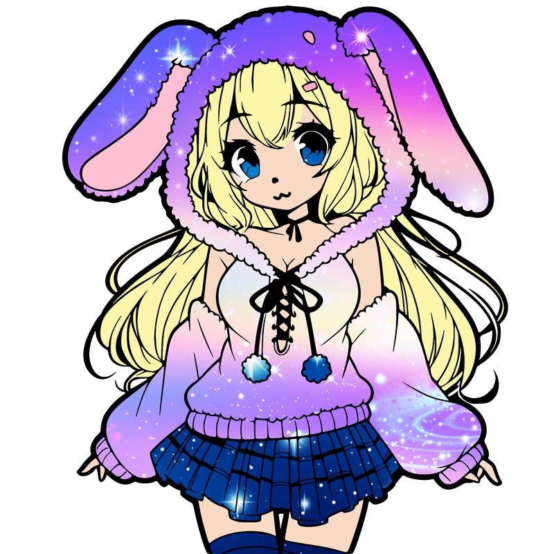 pretty anime girl wearing a fluffy hoodie with bunny ears on the hood and a skirt
