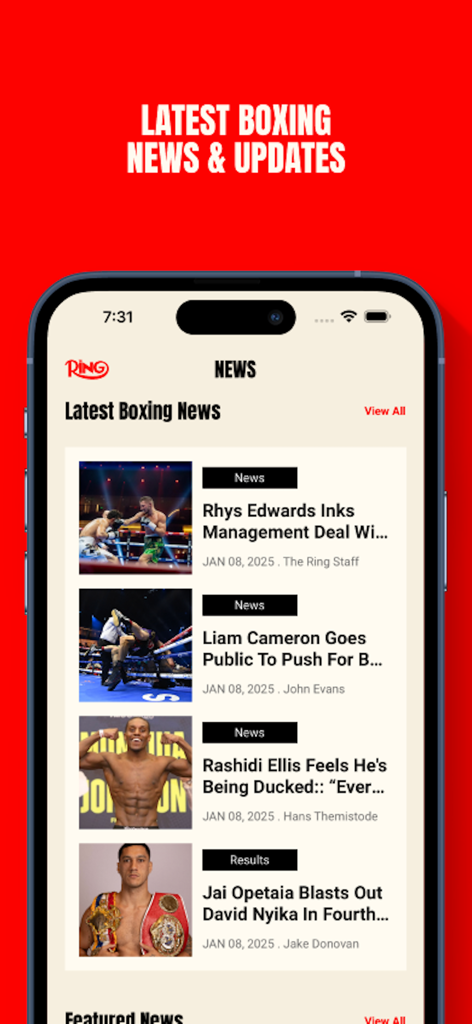 Ring Magazine mobile app displaying the latest boxing news and updates feed