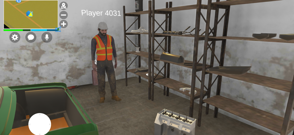 Mechanic character standing next to car parts on shelves in a garage workshop