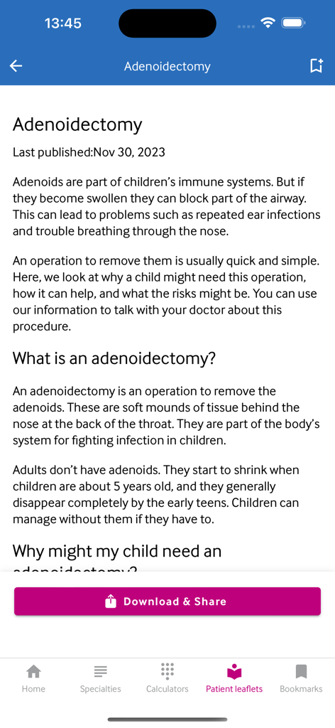 BMJ Best Practice - Screenshot of a patient leaflet about adenoidectomy in the BMJ Best Practice app