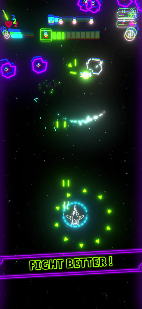 Neon Wings - Gameplay screenshot of Neon Wings showing a neon jet fighter shooting at glowing obstacles