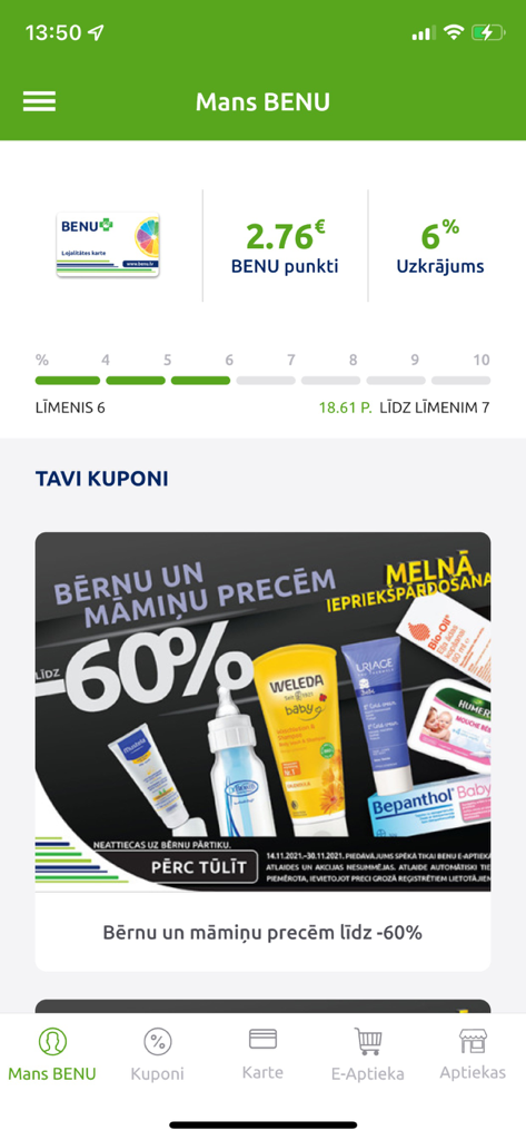 BENU Aptieka - BENU Aptieka mobile app screen showing loyalty points balance and discount coupons for baby products.